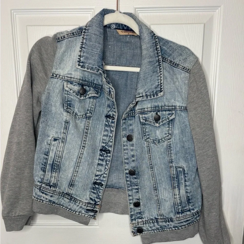 Highway Jeans‎ Denim Jacket Gray Hoodie Sleeves Button Front Size M